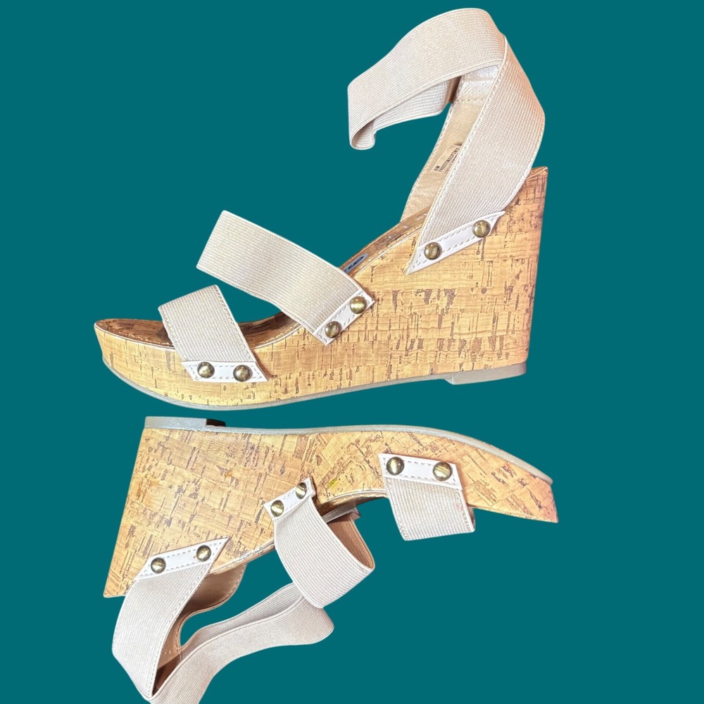 Esprit Beige Elastic Strap Cork Wedge Sandals Studded Boho Platform Heels Size 9